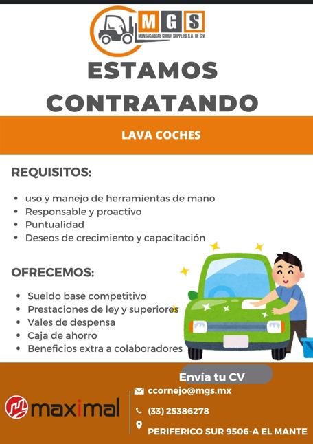 Banner del anuncio de la vacante: IONTACAASAS GROUP SUPPLIER S.A. DE CV · ESTAMOS · CONTRATANDO · LAVA COCHES · REQUISITOS: · • uso y manejo de herramientas de mano · • Respo
