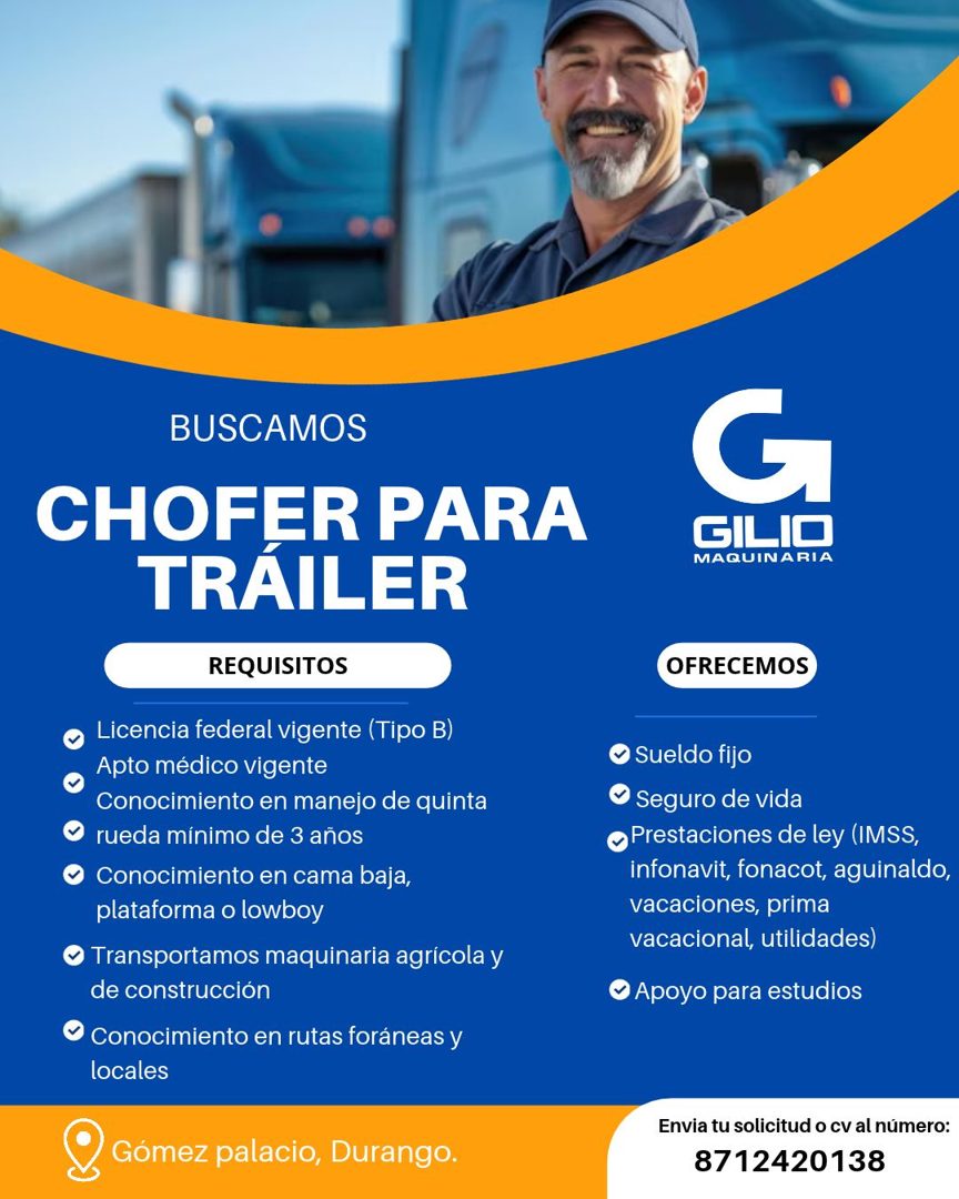 Banner del anuncio de la vacante: BUSCAMOS · CHOFER PARA · TRAILER · REQUISITOS · Licencia federal vigente (Tipo B) · Apto médico vigente · Conocimiento en manejo de quinta ·
