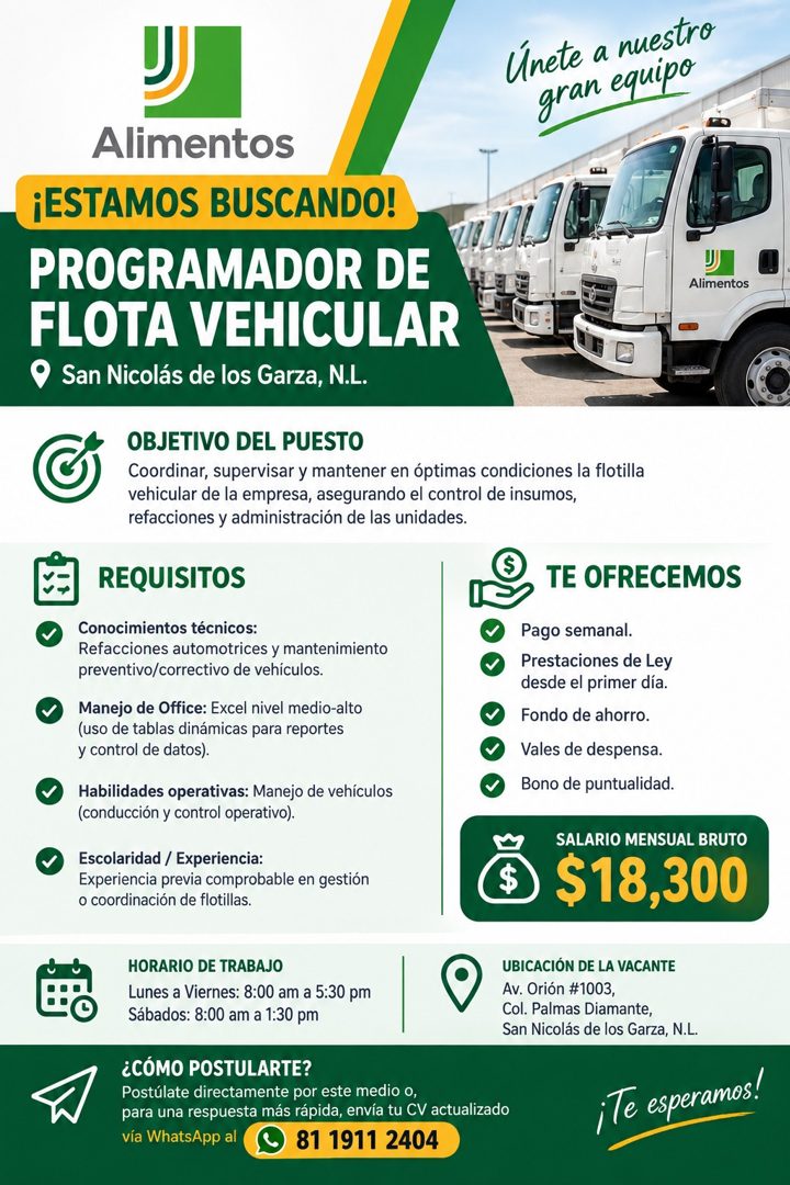 Banner del anuncio de la vacante: Únete a nuestro · gran equipo · Alimentos · ¡ESTAMOS BUSCANDO! · PROGRAMADOR DE · FLOTA VEHICULAR · San Nicolás de los Garza, N.L. · OBJETIV