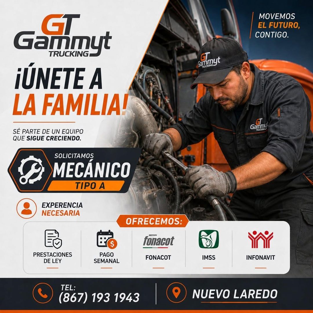 Banner del anuncio de la vacante: GT · Gammyt · TRUCKING · ¡ÚNETE A · LA FAMILIA! · SÉ PARTE DE UN EQUIPO · QUE SIGUE CRECIENDO. · SOLICITAMOS · MECÁNICO · TIPO A · EXPERENCI