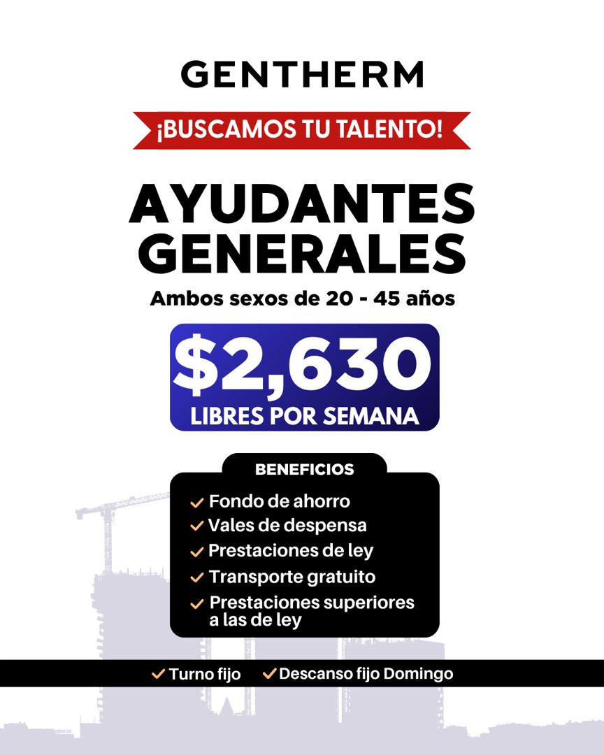 Banner del anuncio de la vacante: GENTHERM · ¡BUSCAMOS TU TALENTO! · AYUDANTES · GENERALES · Ambos sexos de 20 - 45 años · $2,630 · LIBRES POR SEMANA · BENEFICIOS · v Fondo d