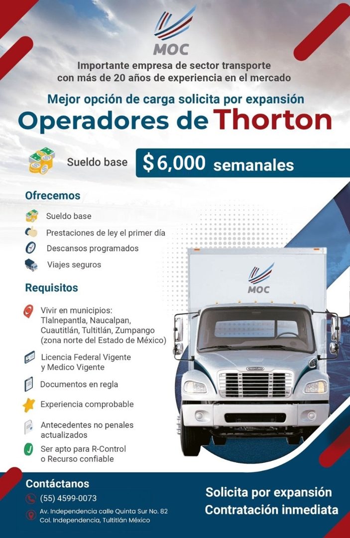 Banner del anuncio de la vacante: MOC · Importante empresa de sector transporte · con más de 20 años de experiencia en el mercado · Mejor opción de carga solicita por expansi