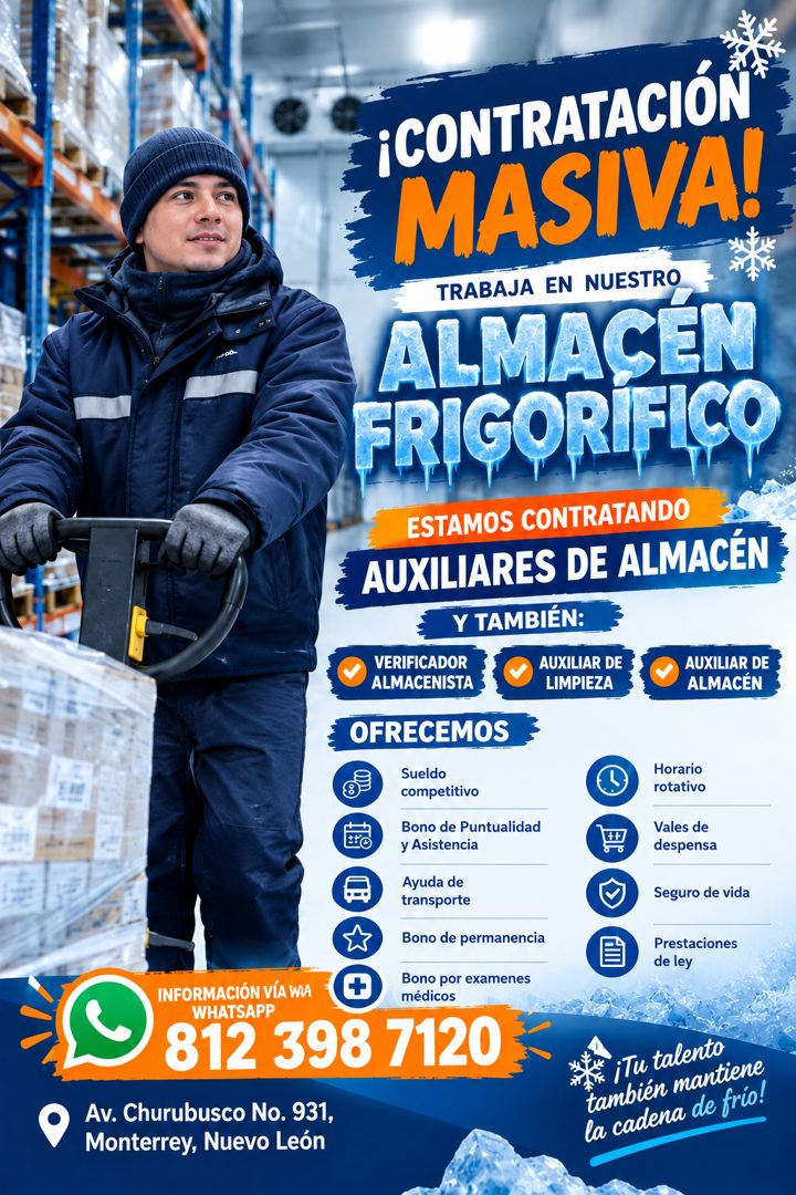 Banner del anuncio de la vacante: ¡CONTRATACIÓN · MASIVA! · TRABAJA EN NUESTRO · ALMACEN · FRIGORIFICO · ESTAMOS CONTRATANDO · AUXILIARES DE ALMACÉN · Y TAMBIÉN: · VERIFICADO