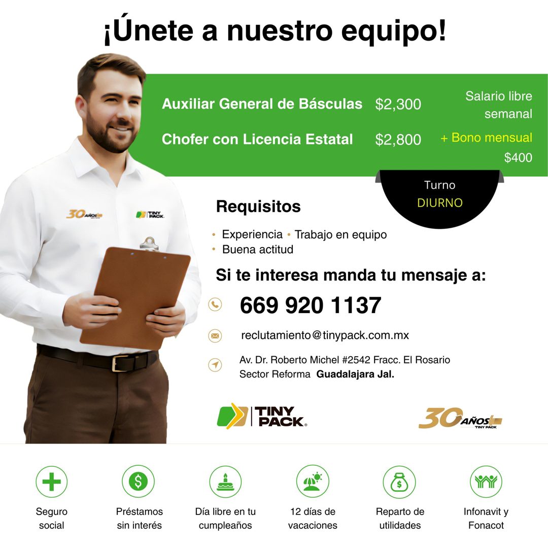 Banner del anuncio de la vacante: ¡Únete a nuestro equipo! · Auxiliar General de Básculas · Chofer con Licencia Estatal · $2,300 · $2,800 · Salario libre · semanal · + Bono m