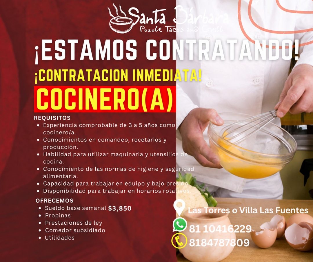 Banner del anuncio de la vacante: Santa · cárbava · Pozole Tac · ¡ESTAMOS CONTRATANDOL · ¡CONTRATACION INMEDIATA! · COCINERO(A) · REQUISITOS · • Experiencia comprobable de 3 