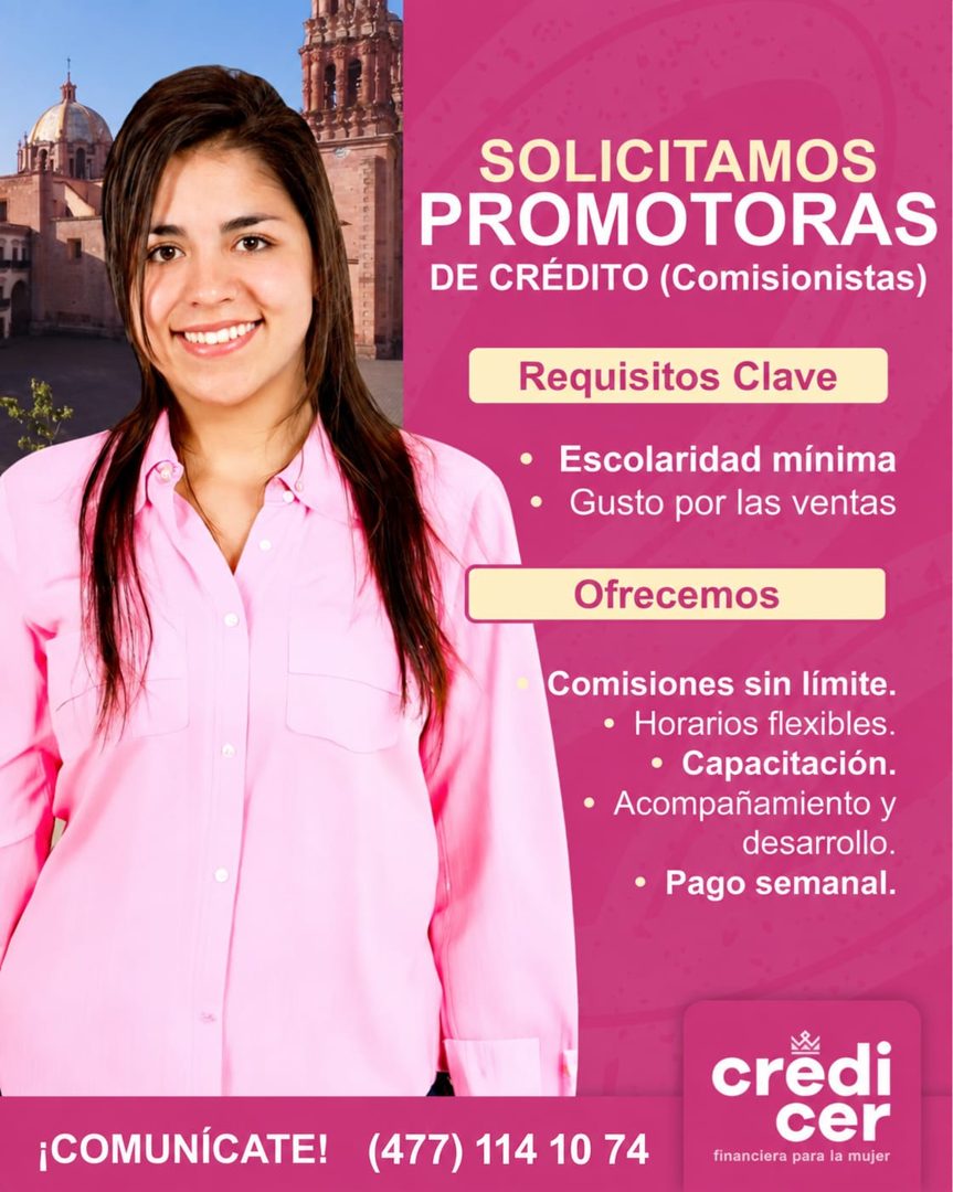 Banner del anuncio de la vacante: SOLICITAMOS · PROMOTORAS · DE CRÉDITO (Comisionistas) · Requisitos Clave · • Escolaridad mínima · • Gusto por las ventas · Ofrecemos · Comis