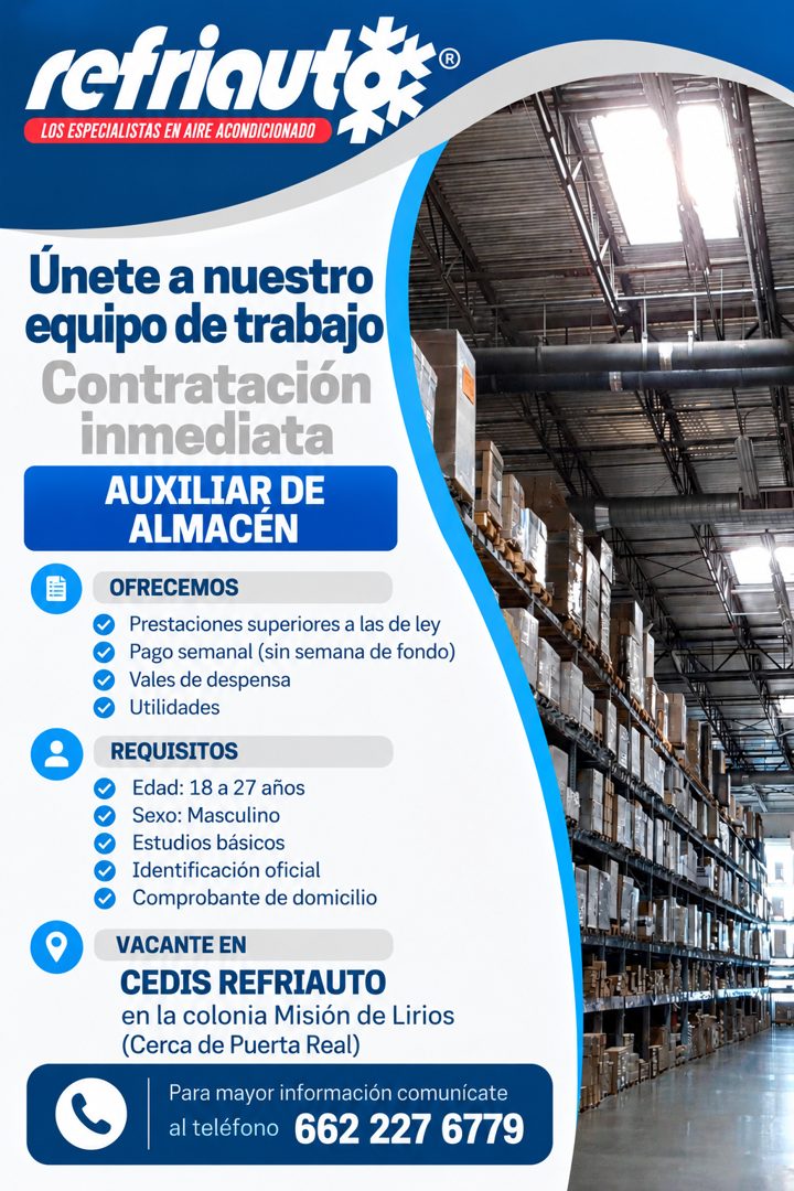 Banner del anuncio de la vacante: refrinutos® · LOS ESPECIALISTAS EN AIRE ACONDICIONADO · Únete a nuestro · equipo de trabajo · Contratación · inmediata · AUXILIAR DE · ALMAC