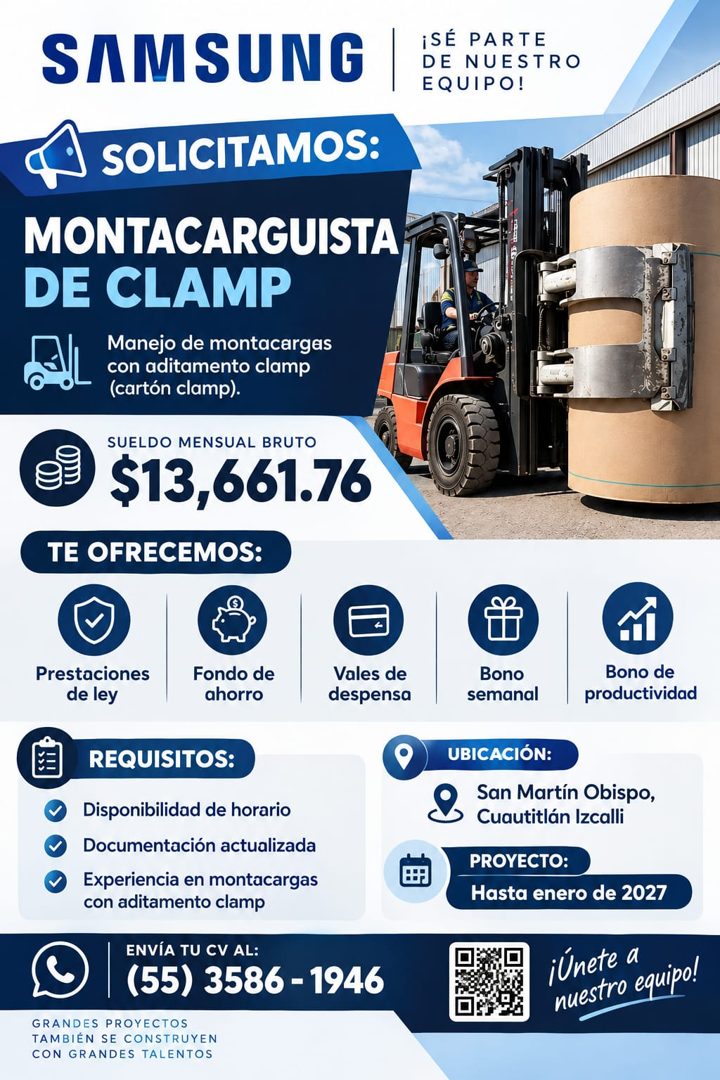 Banner del anuncio de la vacante: SAMSUNG · ¡SE PARTE · DE NUESTRO · EQUIPO! · SOLICITAMOS: · MONTACARGUISTA · DE CLAMP · Manejo de montacargas · con aditamento clamp · (cart