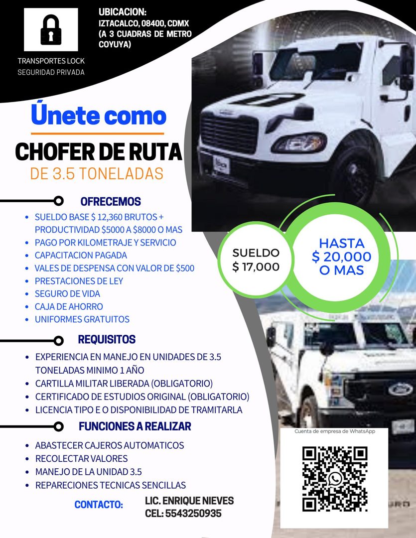 Banner del anuncio de la vacante: UBICACION: · IZTACALCO, 08400, CDMX · (A 3 CUADRAS DE METRO · COYUYA) · TRANSPORTES LOCK · SEGURIDAD PRIVADA · Únete como · CHOFER DE RUTA ·
