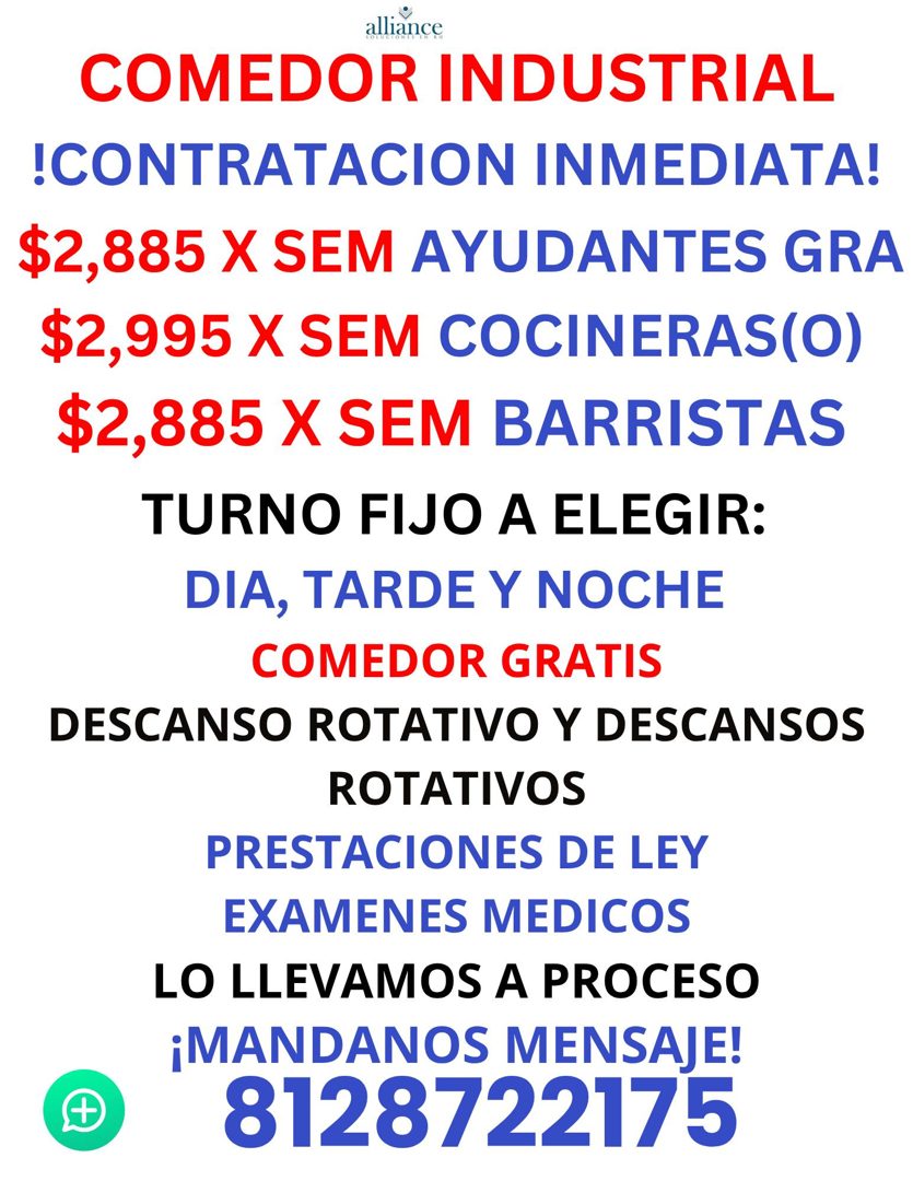 Banner del anuncio de la vacante: alliance · COMEDOR INDUSTRIAL · !CONTRATACION INMEDIATA! · $2,885 X SEM AYUDANTES GRA · $2,995 X SEM COCINERAS(O) · $2,885 X SEM BARRISTAS ·