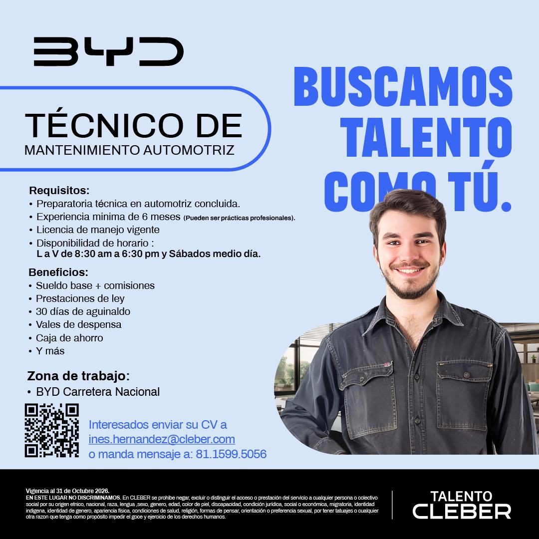 Banner del anuncio de la vacante: TÉCNICO DE · MANTENIMIENTO AUTOMOTRIZ · BUSCAMOS · TALENTO · CONG TÚ. · Requisitos: · • Preparatoria técnica en automotriz concluida. · • Ex