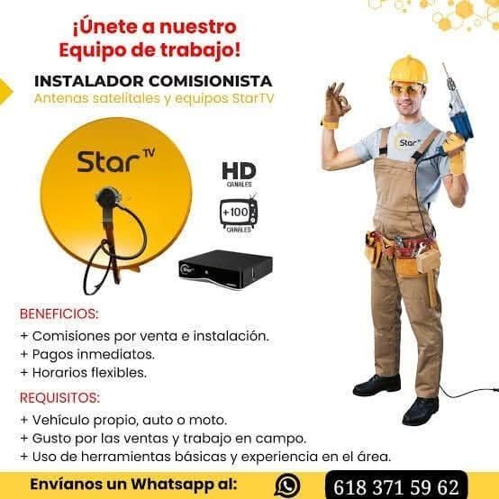 Banner del anuncio de la vacante: ¡Únete a nuestro · Equipo de trabajo! · INSTALADOR COMISIONISTA · Antenas satelitales y equipos StarTV · Star · Star™ · HD · GRARLES · + 100