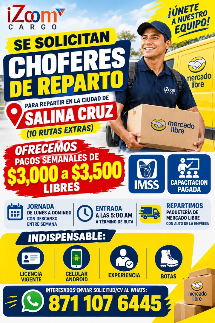 Banner del anuncio de la vacante: iZcomy · CARGO · SE SOLICITAN · CHOFERES · DE REPARTO · PARA REPARTIR EN LA CIUDAD DE · SALINA CRUZ · (10 RUTAS EXTRAS) · OFRECEMOS · PAGOS 
