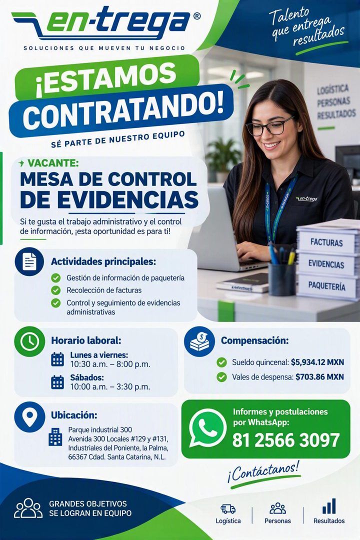 Banner del anuncio de la vacante: Ten-trega® · SOLUCIONES QUE MUEVEN TU NEGOCIO · ¡ESTAMOS · CONTRATANDO! · SÉ PARTE DE NUESTRO EQUIPO · + VACANTE: · MESA DE CONTROL · DE EVI