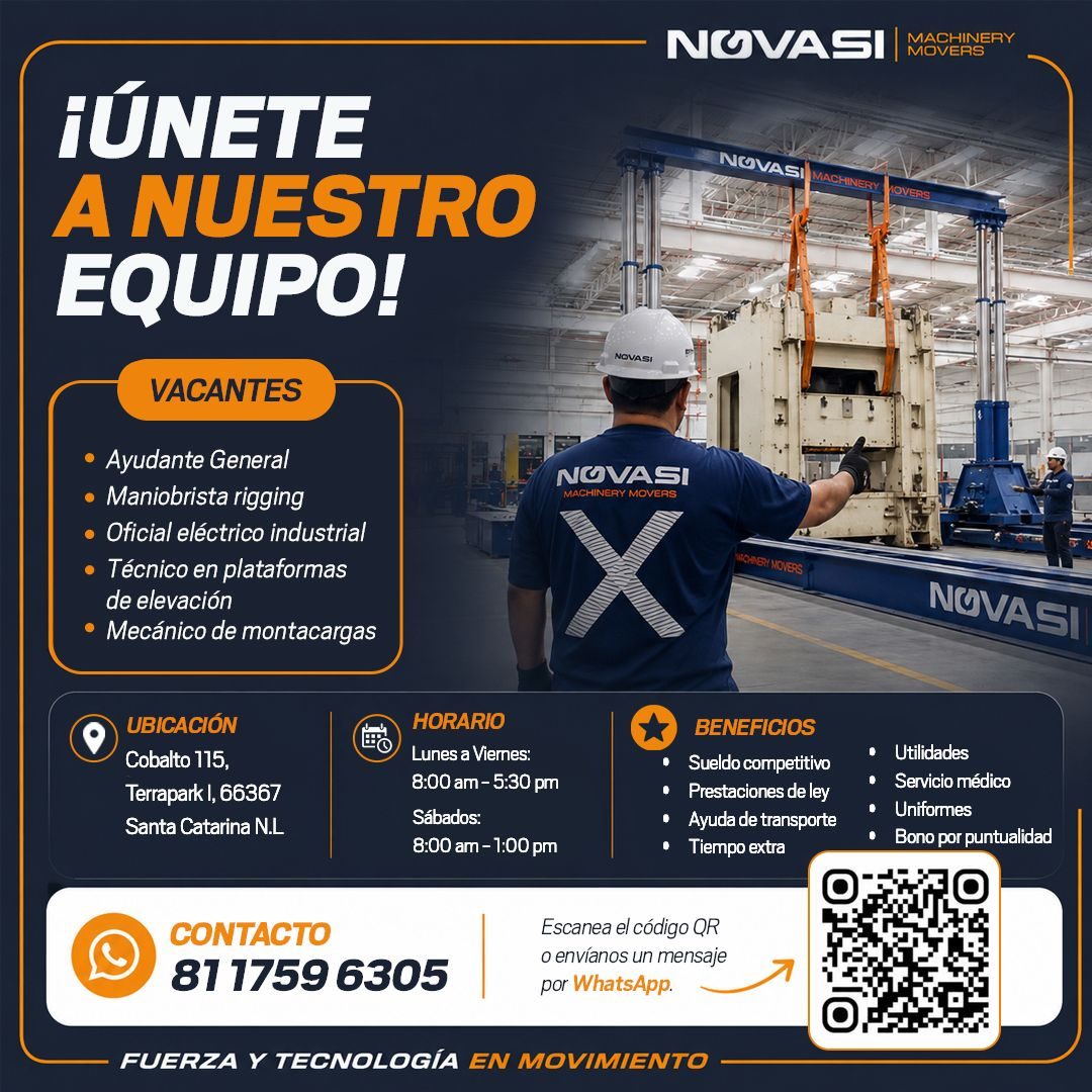Banner del anuncio de la vacante: NOVASI | MAGENERY · ¡ÚNETE · A NUESTRO · EQUIPO! · VACANTES · • Ayudante General · • Maniobrista rigging · • Oficial eléctrico industrial · 