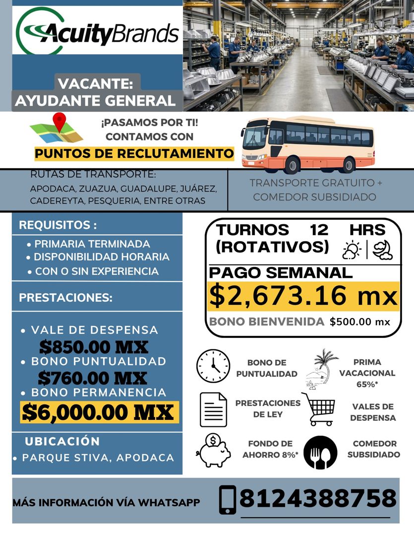 Banner del anuncio de la vacante: AcuityBrands · VACANTE: · AYUDANTE GENERAL · ¡PASAMOS POR TI! · CONTAMOS CON · PUNTOS DE RECLUTAMIENTO · RUTAS DE TRANSPORTE: · APODACA, ZUA