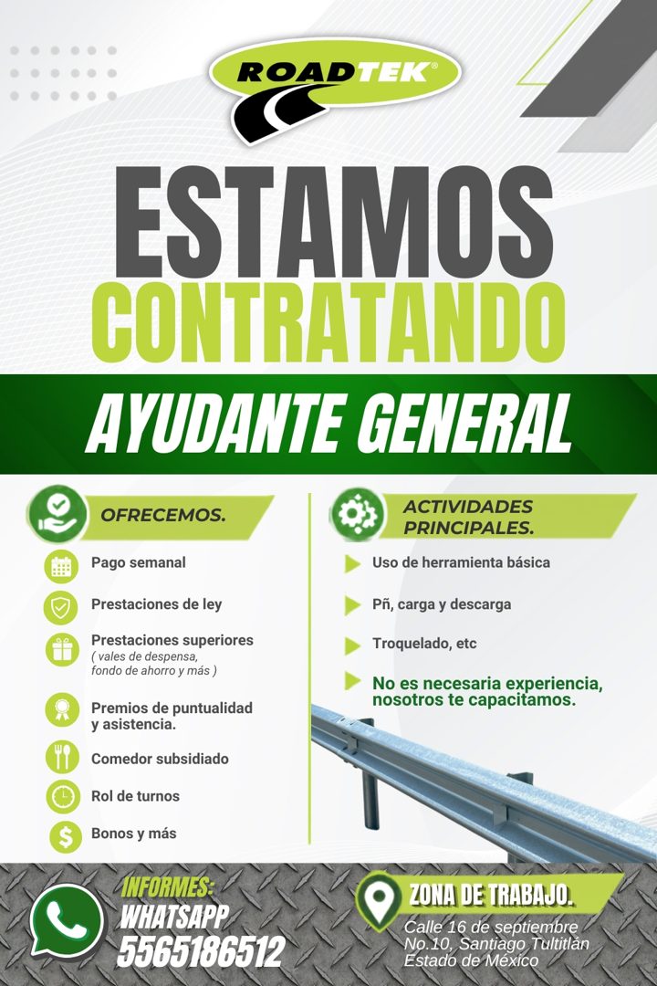 Banner del anuncio de la vacante: ROADTEK® · ESTAMOS · CONTRATANDO · AYUDANTE GENERAL · OFRECEMOS. · Pago semanal · Prestaciones de ley · Prestaciones superiores · ( vales de