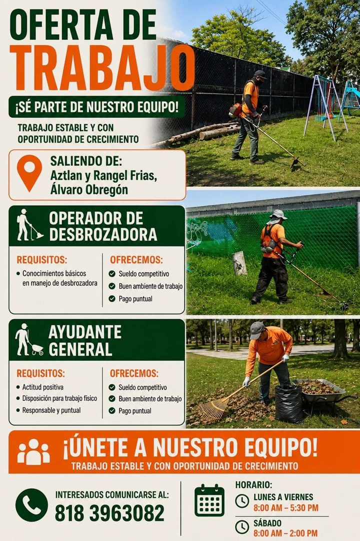 Banner del anuncio de la vacante: OFERTA DE · TRABAJO · ¡SÉ PARTE DE NUESTRO EQUIPO! · TRABAJO ESTABLE Y CON · OPORTUNIDAD DE CRECIMIENTO · SALIENDO DE: · Aztlan y Rangel Fri