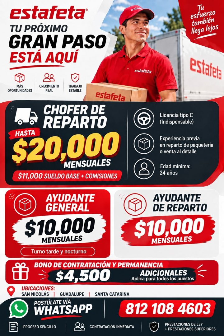 Banner del anuncio de la vacante: estafeta® · TU PRÓXIMO · GRAN PASO · ESTÁ AQUÍ · estale · Tu · esfuerzo · también · llega lejos · estafeta · estafeta · MAS · OPORTUNIDADES 