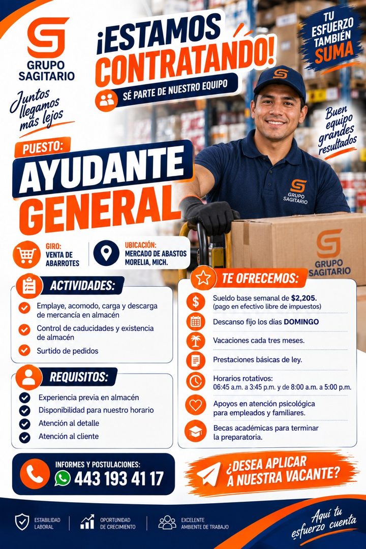 Banner del anuncio de la vacante: ¡ESTAMOS · CONTRATANDO! · SÉ PARTE DE NUESTRO EQUIPO · TU · ESFUERZO · TAMBIÉN · SUMA · GRUPO · SAGITARIO · Jueganos · más lejos · PUESTO: ·