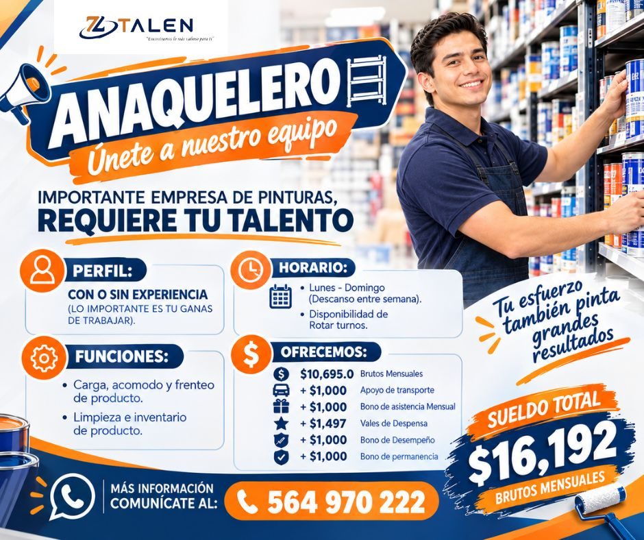 Banner del anuncio de la vacante: TALEN · CAMPESINO Le Mir LaDose pora 10 · ANAQUELERO E · Únete a nuestro equipo · IMPORTANTE EMPRESA DE PINTURAS, · REQUIERE TU TALENTO · PE