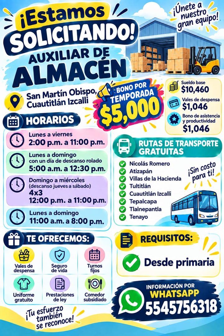 Banner del anuncio de la vacante: ¡Estamos · SOLICITANDO! · AUXILIAR DE · ALMACEN · San Martín Obispo, · -BONO POR · Cuautitlán Izcalli · $5,000 · TEMPORADA · ¡Únete o · nues