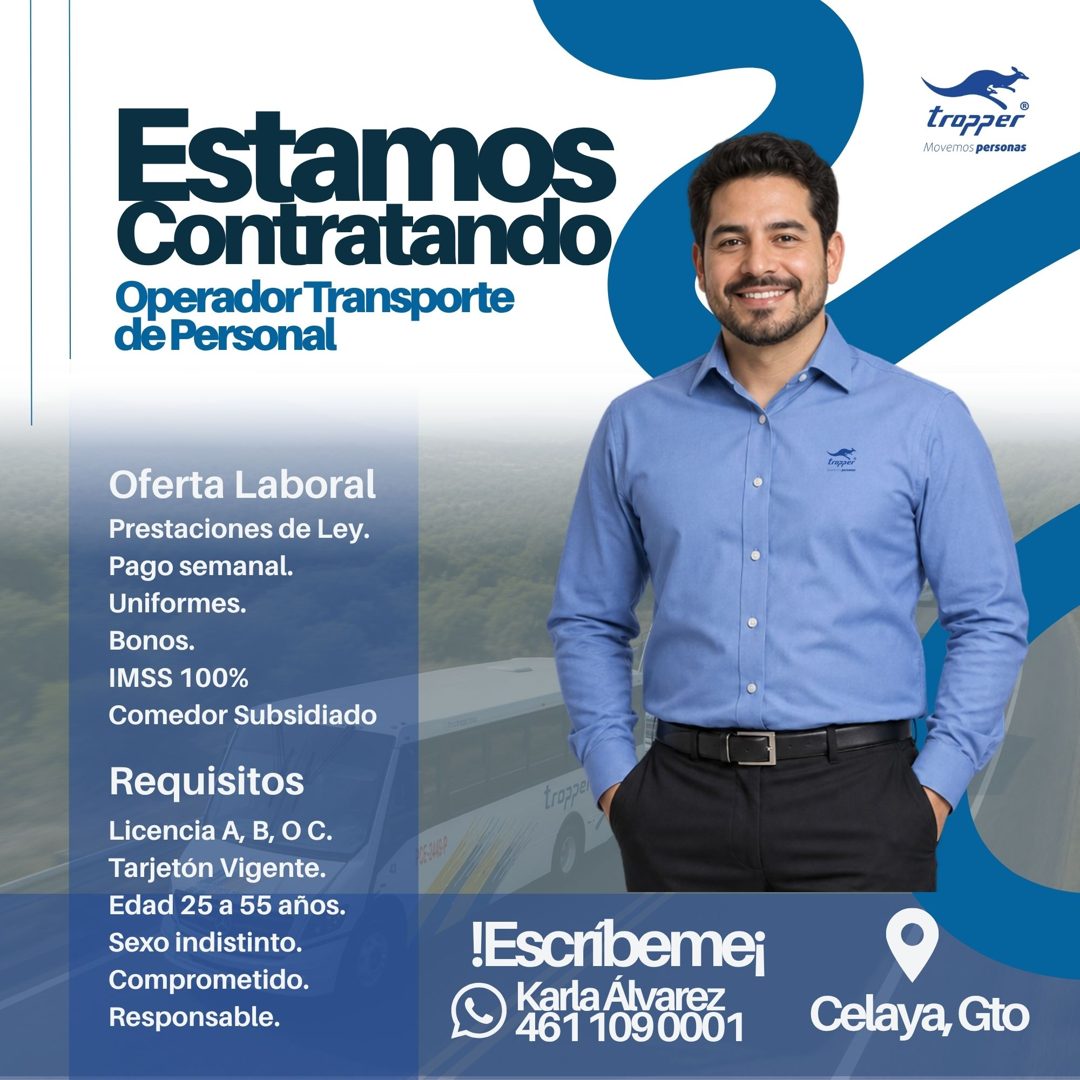 Banner del anuncio de la vacante: Estamos · Contratando · Operador Transporte · de Personal · tropper · ® · Movemos personas · tropper · Oferta Laboral · Prestaciones de Ley.