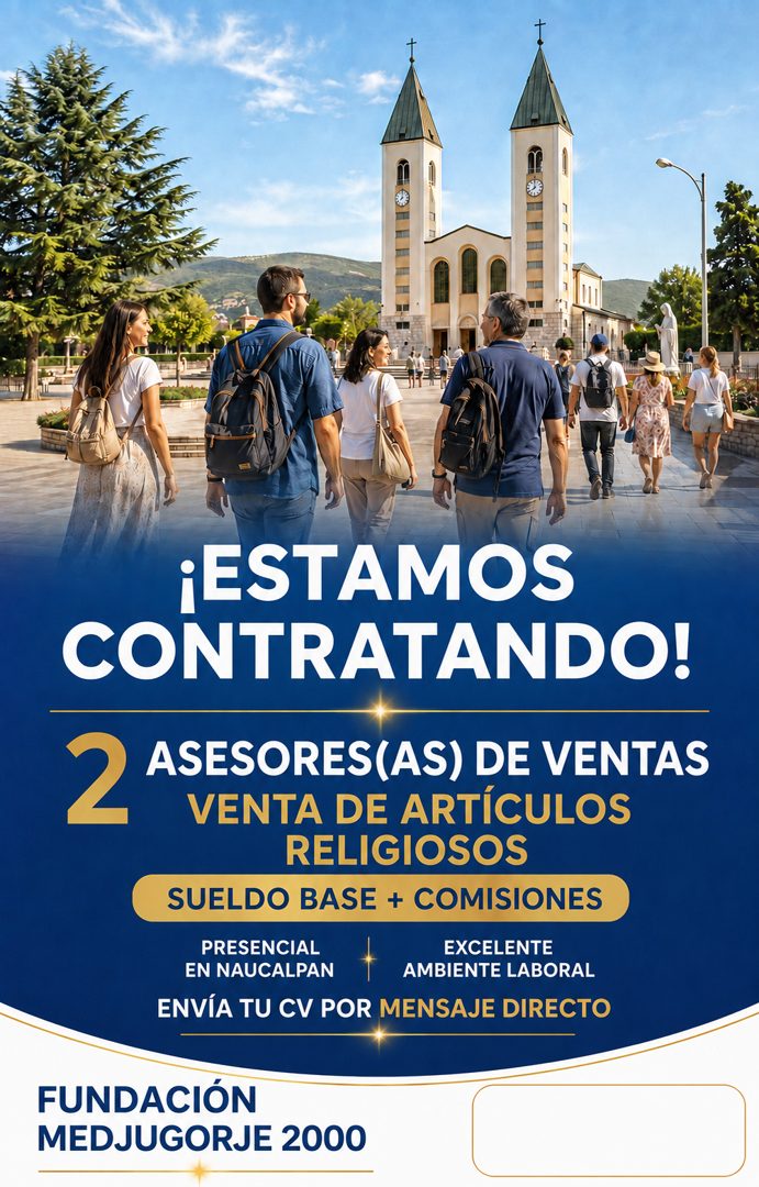 Banner del anuncio de la vacante: ¡ESTAMOS · CONTRATANDO! · 2 · ASESORES(AS) DE VENTAS · VENTA DE ARTÍCULOS · RELIGIOSOS · SUELDO BASE + COMISIONES · PRESENCIAL · EXCELENTE ·