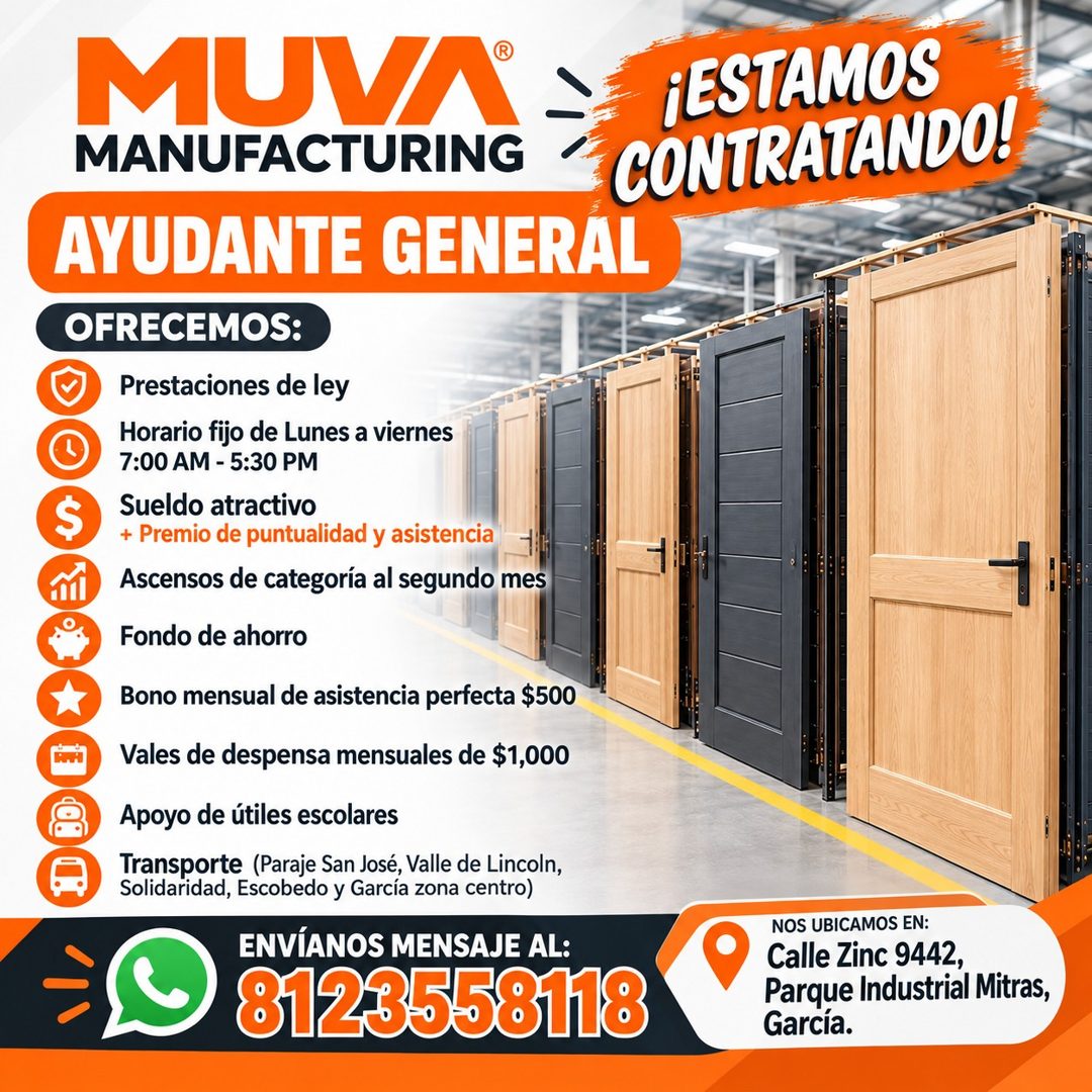 Banner del anuncio de la vacante: MUVA® · MANUFACTURING · AYUDANTE GENERAL · OFRECEMOS: · S · Prestaciones de ley · Horario fijo de Lunes a viernes · 7:00 AM - 5:30 PM · Suel