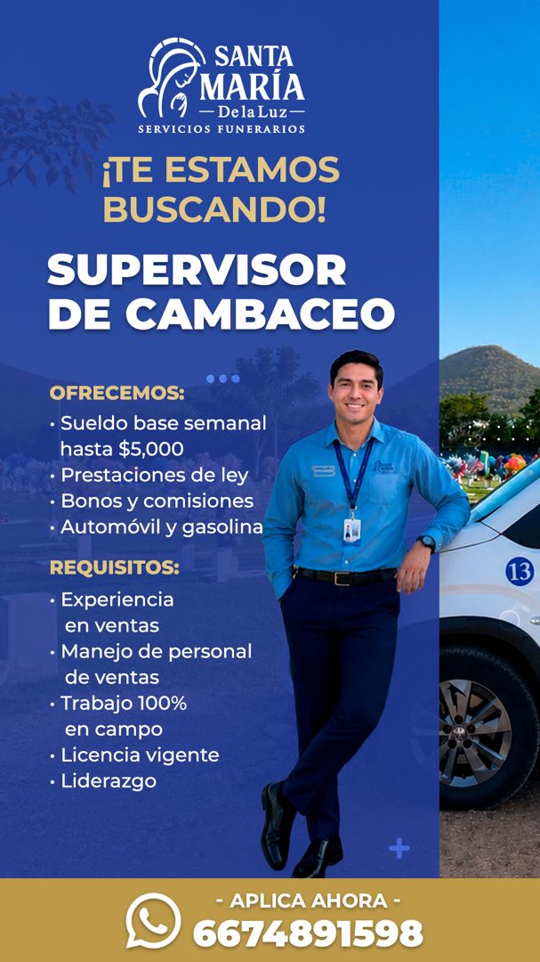 Banner del anuncio de la vacante: SANTA · MARÍA · - Dela Luz — · SERVICIOS FUNERARIOS · ¡TE ESTAMOS · BUSCANDO! · SUPERVISOR · DE CAMBACEO · OFRECEMOS: · • Sueldo base semana