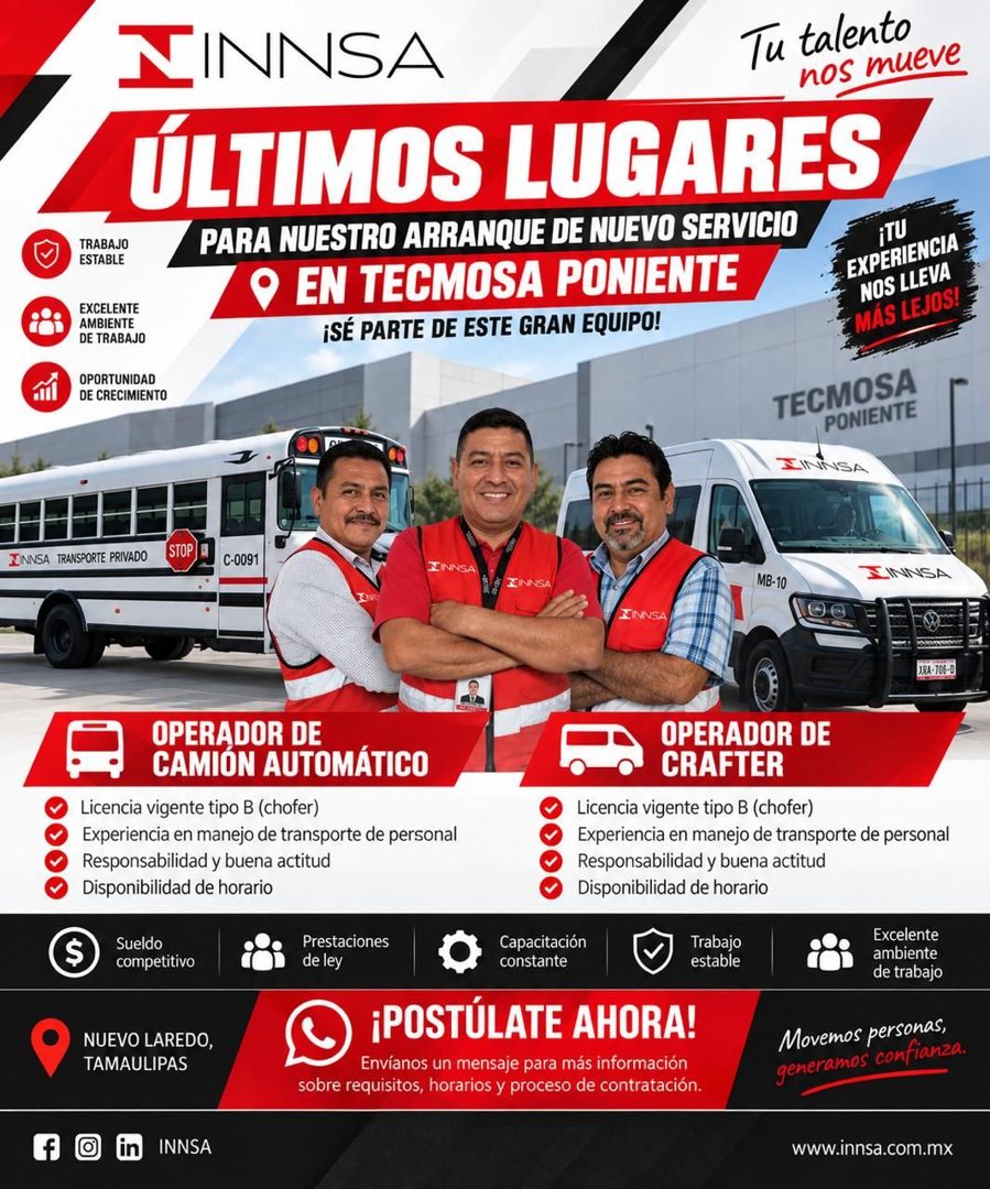Banner del anuncio de la vacante: TRABAJO · ESTABLE · EXCELENTE · AMBIENTE · DE TRABAJO · NINNSA · Tu talento · nos mueve · ÚLTIMOS LUGARES · PARA NUESTRO ARRANQUE DE NUEVO S
