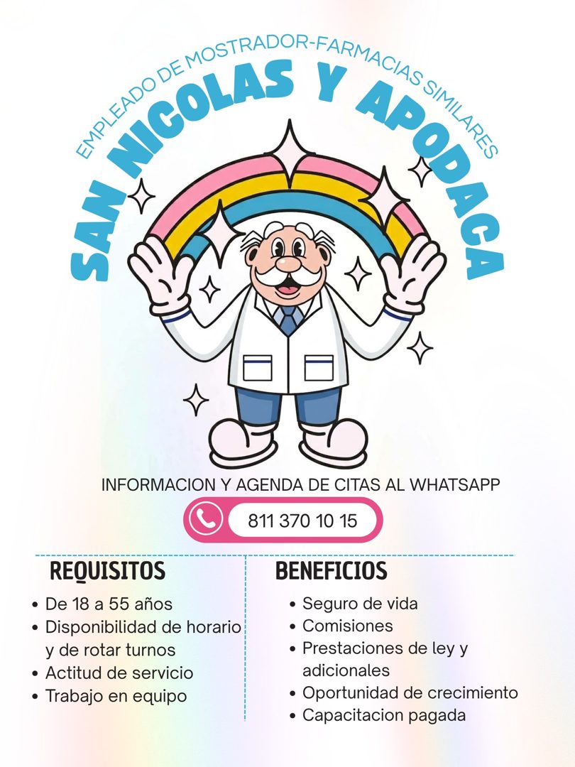 Banner del anuncio de la vacante: COLAS Y AO · COLAS V 400 · SAN · INFORMACION Y AGENDA DE CITAS AL WHATSAPP · 811 370 10 15 · REQUISITOS · • De 18 a 55 años · • Disponibilid
