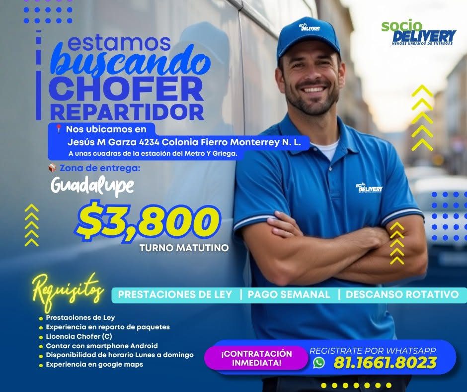Banner del anuncio de la vacante: Deuven · socio · DELINERI · HEROES URBANOS DE ENTREGAS · estamos · buscando · CHOFER · REPARTIDOR · 1 Nos ubicamos en · Jesús M Garza 4234 C