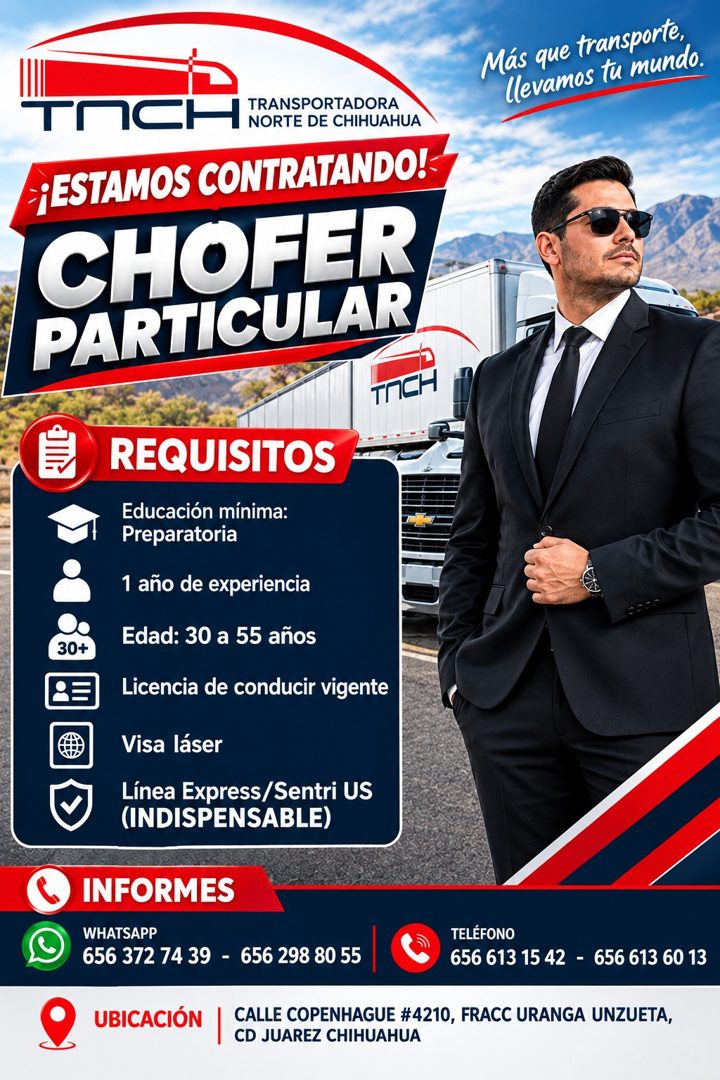 Banner del anuncio de la vacante: Más que transporte, · llevamos tu mundo. · TOCH · TRANSPORTADORA · NORTE DE CHIHUAHUA · -¡ ESTAMOS CONTRATANDO!- · CHOFER · PARTICULAR · TAC