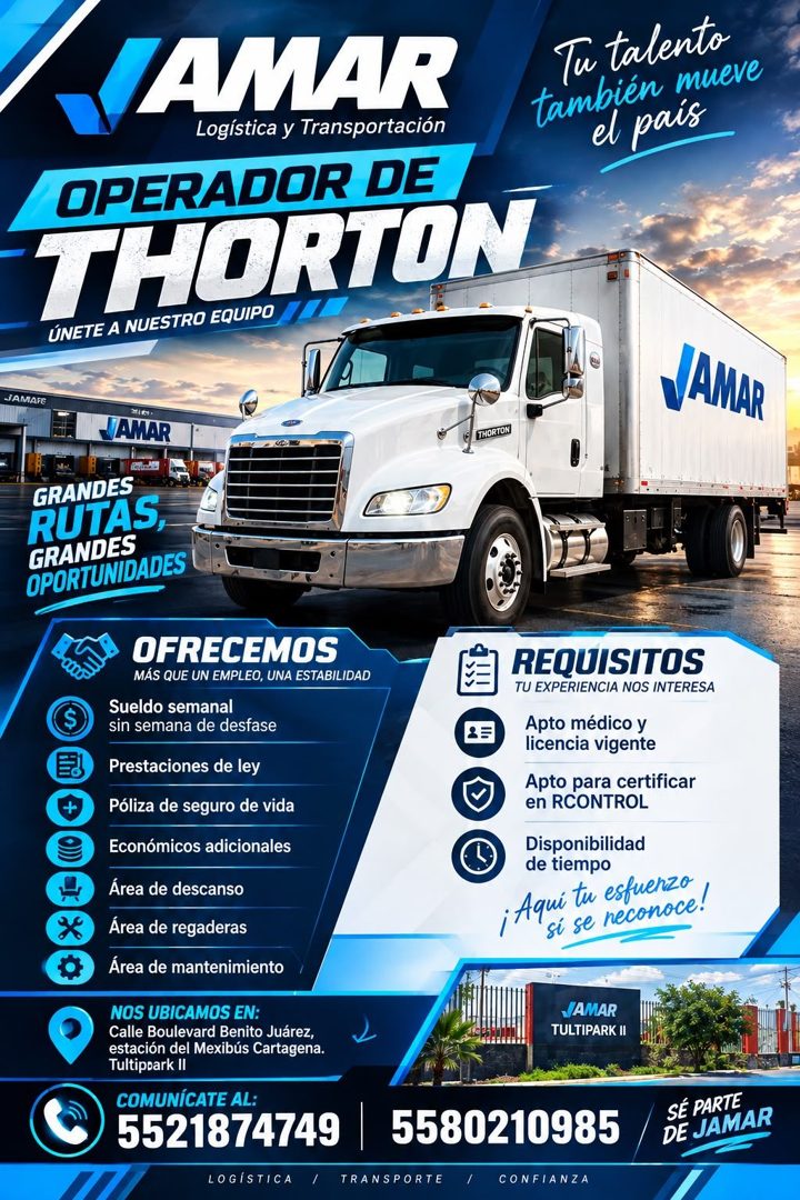 Banner del anuncio de la vacante: LAMAR · Logística y Transportación · OPERADOR DE · THORTON · ÚNETE A NUESTRO EQUIPO · Tu talento · también mueve · el pais · JAMAFE · VAMAR 