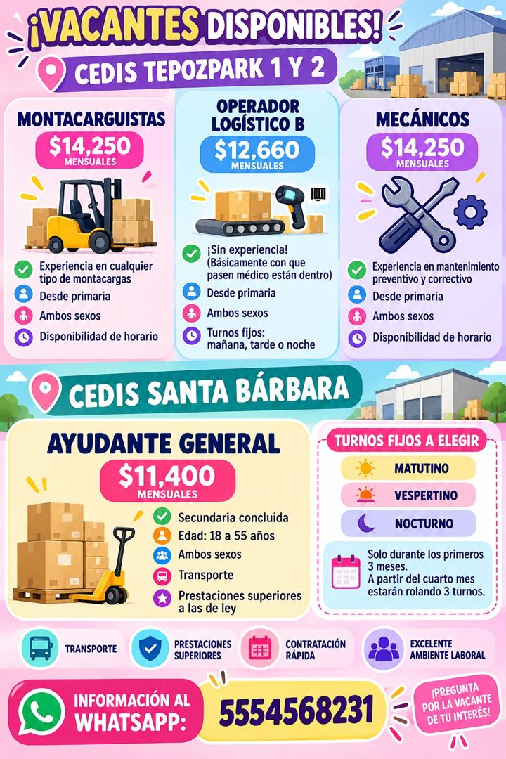 Banner del anuncio de la vacante: ≥ ¡VACANTES DISPONIBLES! · CEDIS TEPOZPARK 1 Y 2 · OPERADOR · MONTACARGUISTAS · $14,250 · MENSUALES · LOGÍSTICO B · $12,660 · MENSUALES · ME