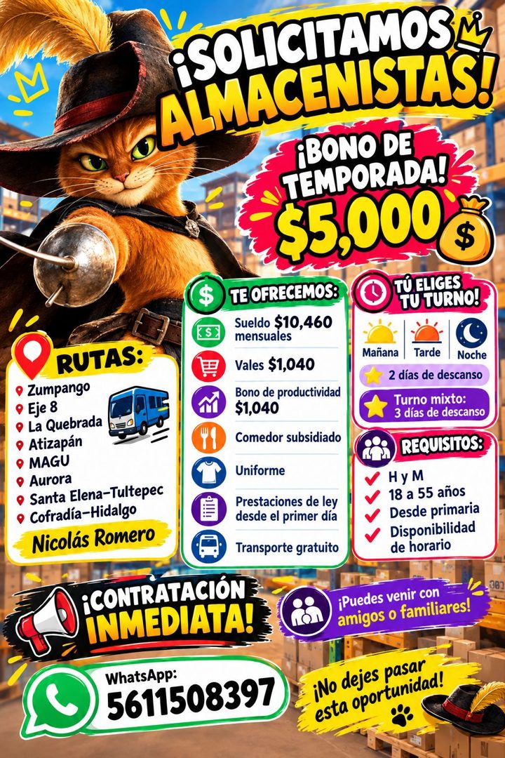 Banner del anuncio de la vacante: ¿SULICITAMOSM · ALMACENSLAS! · ¡BONO DE · TEMPORADA! · $5.,000 · $ · $ · TE OFRECEMOS: · TÚ ELIGES · TU TURNO! · S · Sueldo $10,460 · mensua