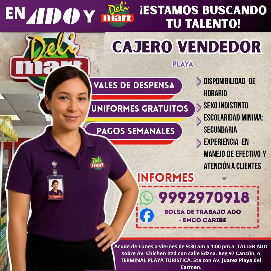 Banner del anuncio de la vacante: EN /IDO Y · Dela · Deli · mart · ¡ESTAMOS BUSCANDO · TU TALENTO! · CAJERO VENDEDOR · PLAYA · VALES DE DESPENSA · UNIFORMES GRATUITOS · PAGOS