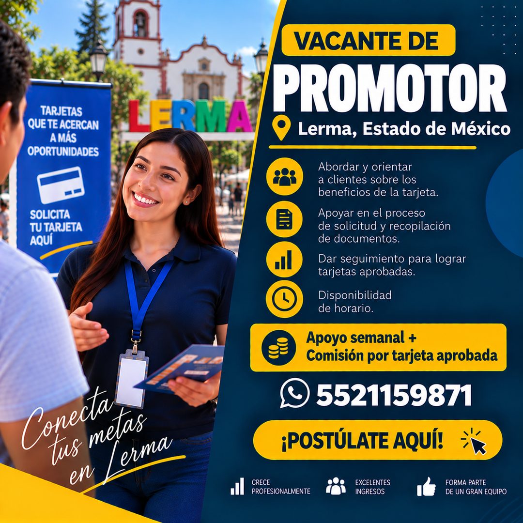 Banner del anuncio de la vacante: TARJETAS · QUE TE ACERCAN · A MÁS · OPORTUNIDADES · TER · SOLICITA · TU TARJETA · AQUÍ · Conecta · tus metas · en · (erma · VACANTE DE · PRO