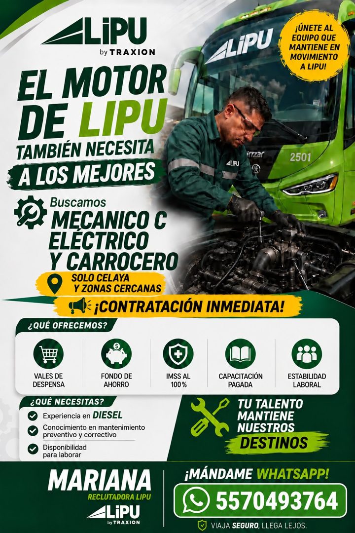 Banner del anuncio de la vacante: LiPU · by TRAXION · ALIPU · EL MOTOR · DE LIPU · TAMBIÉN NECESITA · ryzar · «LIPU · A LOS MEJORES · Buscamos · MECANICO C · ELECTRICO · Y CA