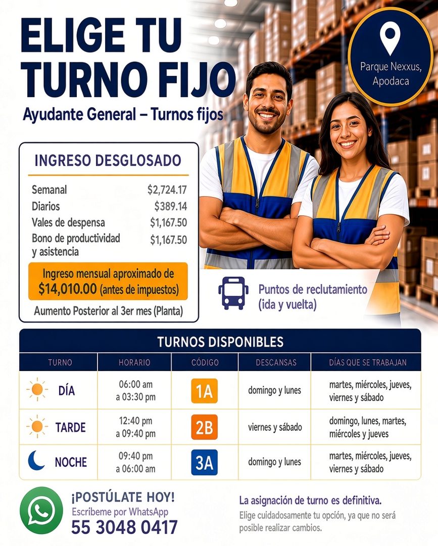 Banner del anuncio de la vacante: ELIGE TU · TURNO FIJO · Ayudante General - Turnos fijos · Parque Nexxus, · Apodaca · INGRESO DESGLOSADO · Semanal · Diarios · Vales de despe