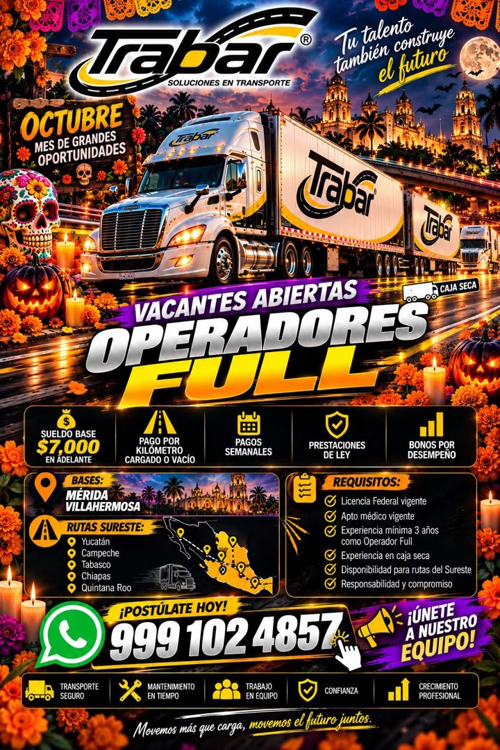 Banner del anuncio de la vacante: Trabar · OCTUBRE · MES DE GRANDES · OPORTUNIDADES · Trabar · Tu talento · también construye · el futuro · laba · VACANTES ABIERTAS · P CAJA 