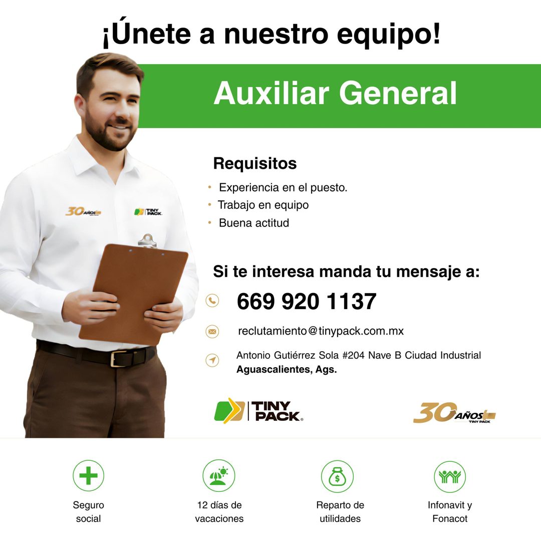 Banner del anuncio de la vacante: ¡Únete a nuestro equipo! · Auxiliar General · 30 ANOL · I BACK · Requisitos · • Experiencia en el puesto. · • Trabajo en equipo · • Buena ac