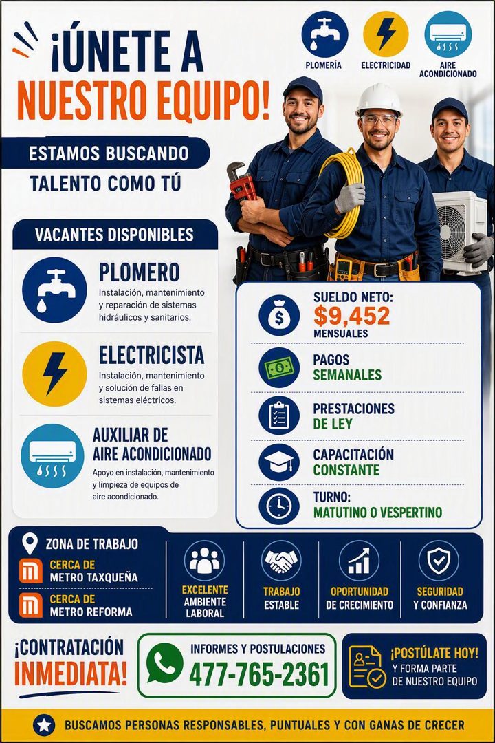 Banner del anuncio de la vacante: ¡ÚNETE A · NUESTRO EQUIPO! · ESTAMOS BUSCANDO · TALENTO COMO TÚ · PLOMERÍA · ELECTRICIDAD · 8555 · AIRE · ACONDICIONADO · VACANTES DISPONIBL