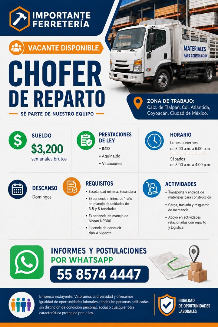 Banner del anuncio de la vacante: IMPORTANTE · FERRETERIA · VACANTE DISPONIBLE · CHOFER · DE REPARTO · - SÉ PARTE DE NUESTRO EQUIPO — · MATERIALES · PARA CONSTRUCCIÓN · ZONA 