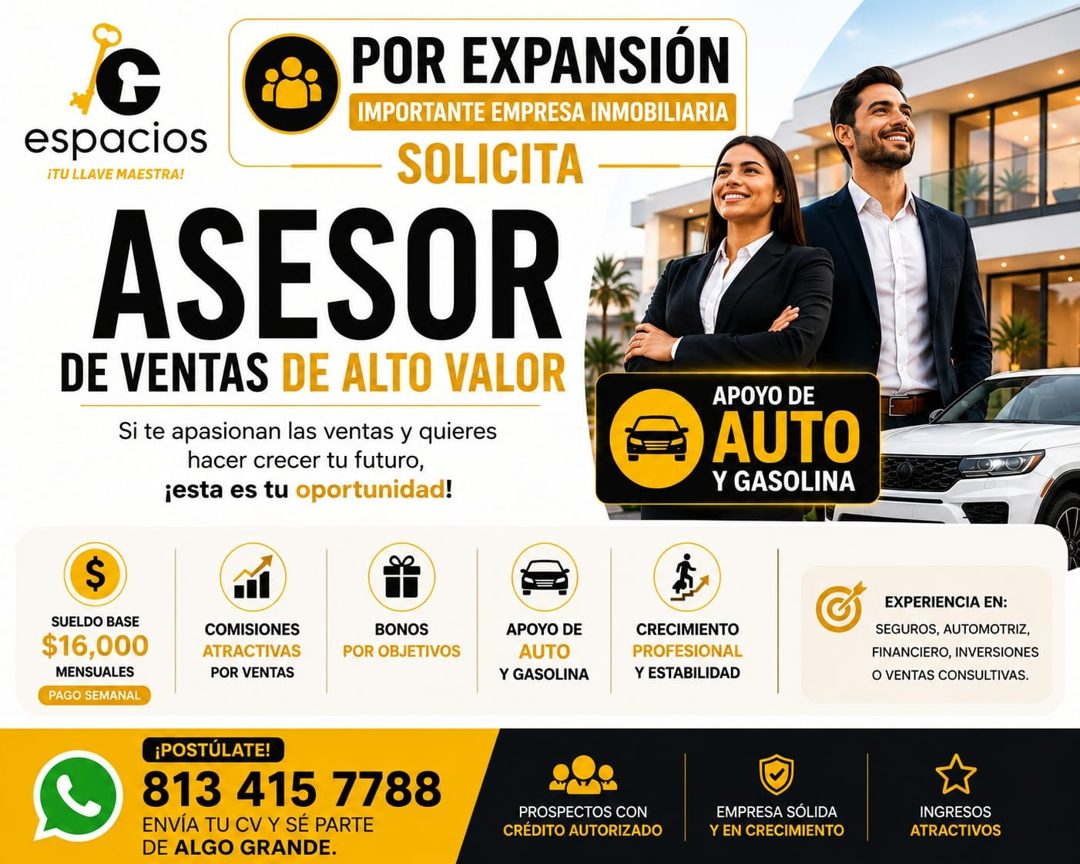 Banner del anuncio de la vacante: C · POR EXPANSIÓN · IMPORTANTE EMPRESA INMOBILIARIA · espacios · ¡TU LLAVE MAESTRA! · - SOLICITA · ASESOR · DE VENTAS DE ALTO VALOR · Si te 