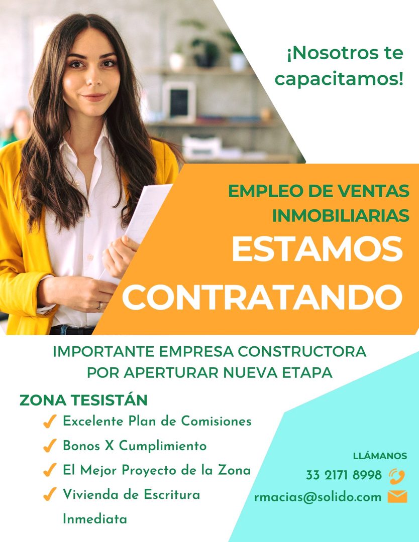 Banner del anuncio de la vacante: ¡Nosotros te · capacitamos! · EMPLEO DE VENTAS · INMOBILIARIAS · ESTAMOS · CONTRATANDO · IMPORTANTE EMPRESA CONSTRUCTORA · POR APERTURAR NUE