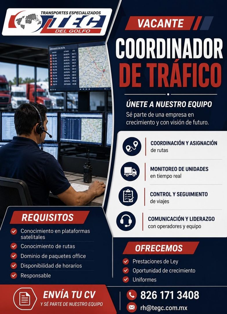 Banner del anuncio de la vacante: TRANSPORTES ESPECIALIZADOS · VACANTE · DEL GOLFO · UNIDADES EN RUTA · 10OsD · ESTADO · * TTE 101 · EL RUTA · 1 НЕ ФІ · EN RUTA · EX RUTA · I
