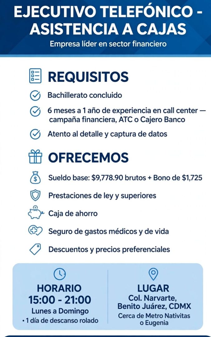 Banner del anuncio de la vacante: EJECUTIVO TELEFÓNICO - · ASISTENCIA A CAJAS · Empresa líder en sector financiero · REQUISITOS · • Bachillerato concluido · 6 meses a 1 año d