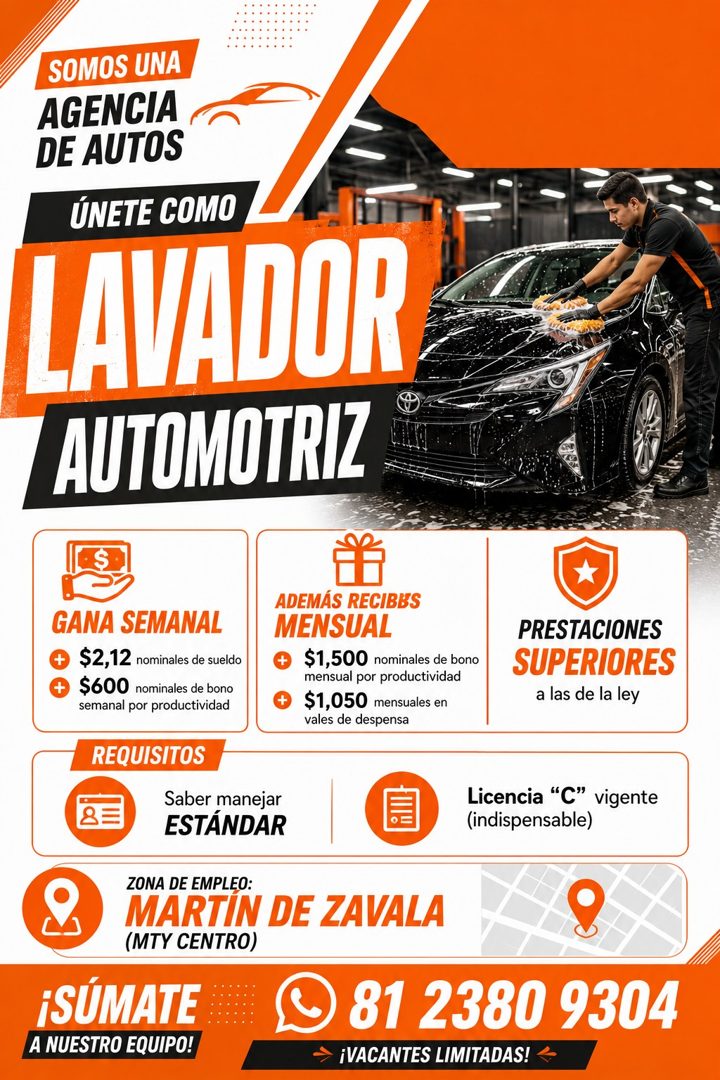 Banner del anuncio de la vacante: SOMOS UNA · AGENCIA · DE AUTOS · ÚNETE COMO · LAVADOR · AUTOMOTRIZ · GANA SEMANAL · $2,12 nominales de sueldo · $600 · nominales de bono · s